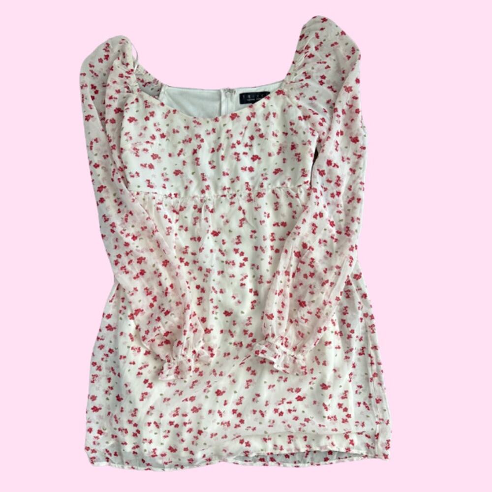 Trixxi Ivory Pink Floral Babydoll Mini Dress XS Long Sleeve Square Neck